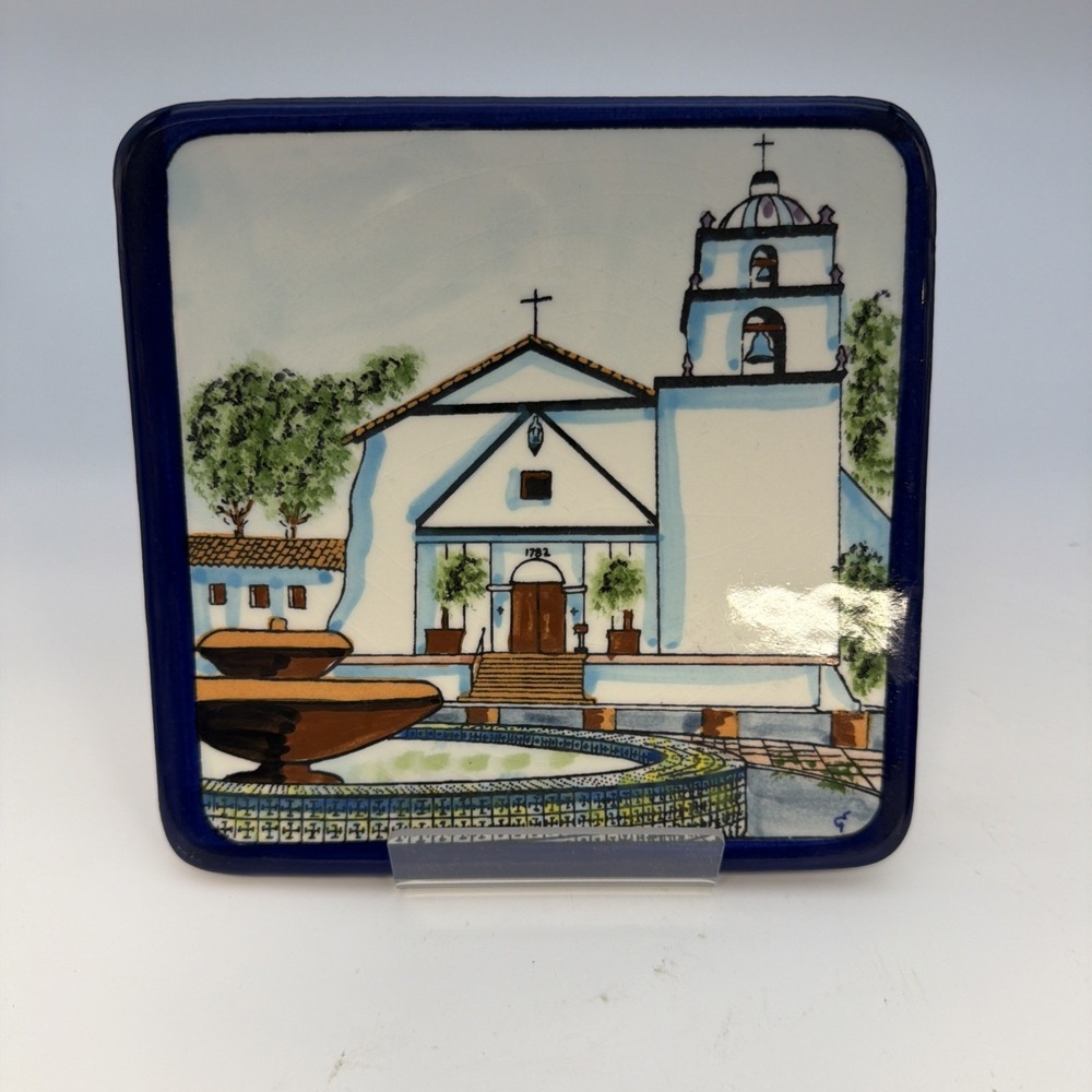 VTG Mission San Buenaventura Hand Painted Ceramic Trivet Tile Wall Plaque 6x6